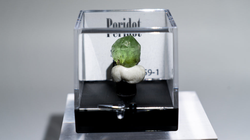 A small green and white mineral specimen displayed inside a clear acrylic case on a black base, with a label card behind it reading 'Poridot' and 'Fascic.