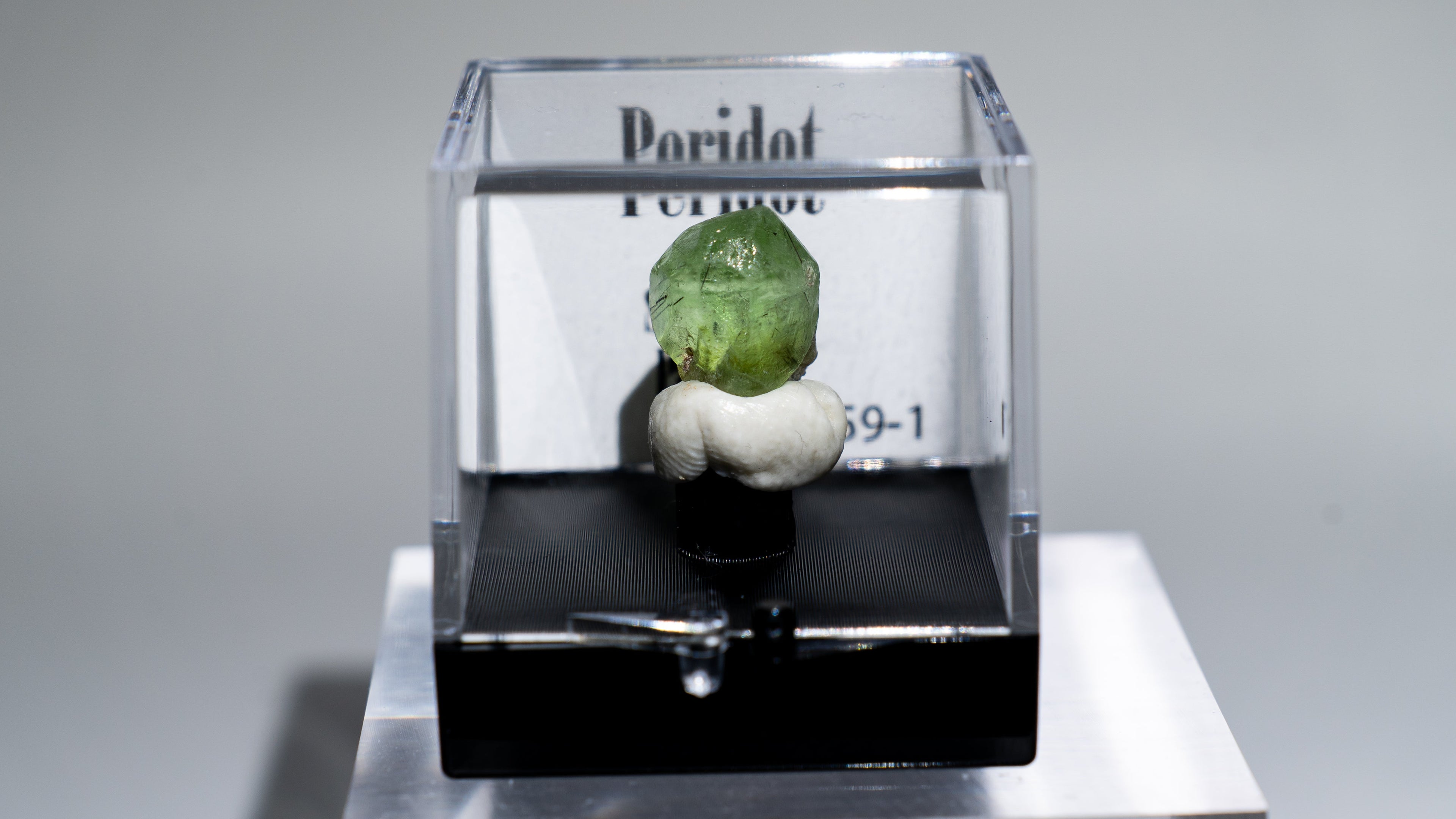 A small green and white mineral specimen displayed inside a clear acrylic case on a black base, with a label card behind it reading 'Poridot' and 'Fascic.
