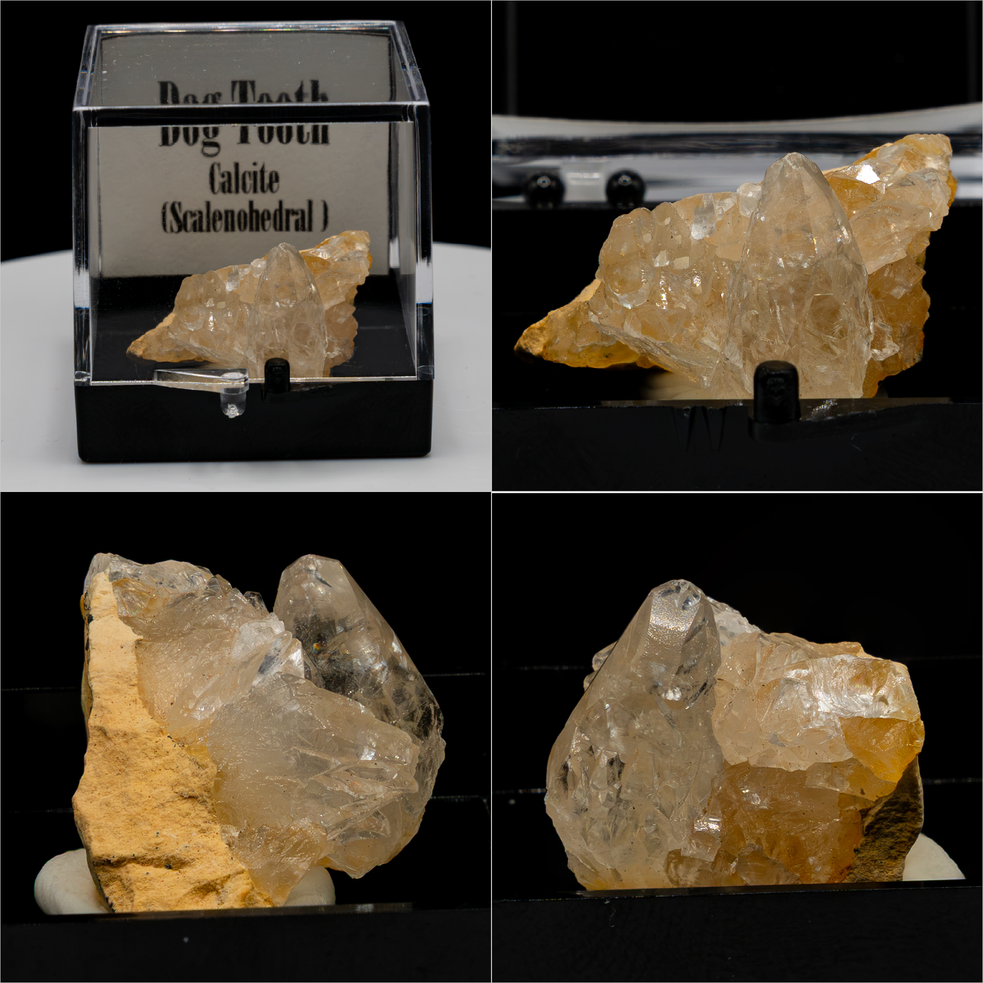 Dog Tooth Calcite (Scalenohedral) – Clear on Yellow Host Rock